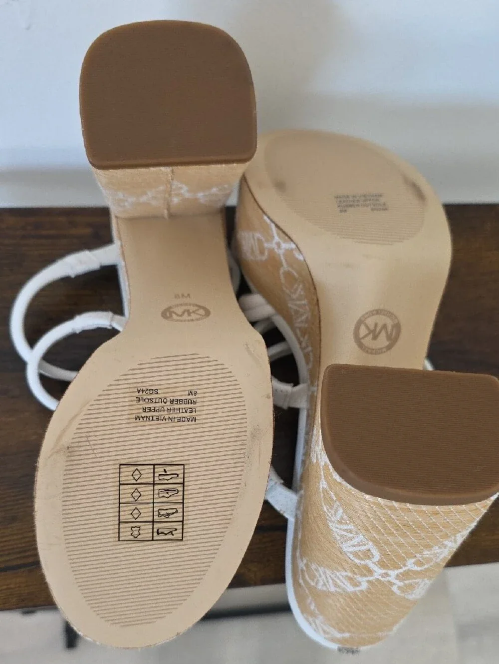 Michael Kors White Strappy Platform Sandals with Tan Patterned Heel